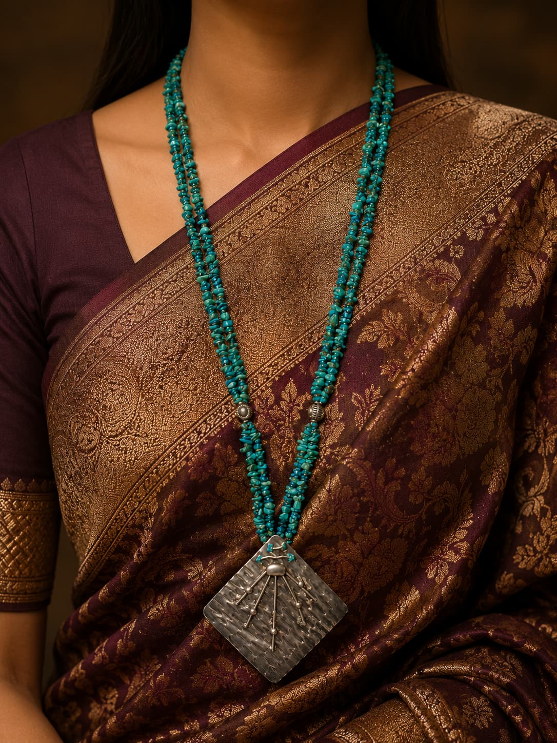 Handcrafted Persian Turquoise Beaded Necklace with Antique-Style Silver Pendant