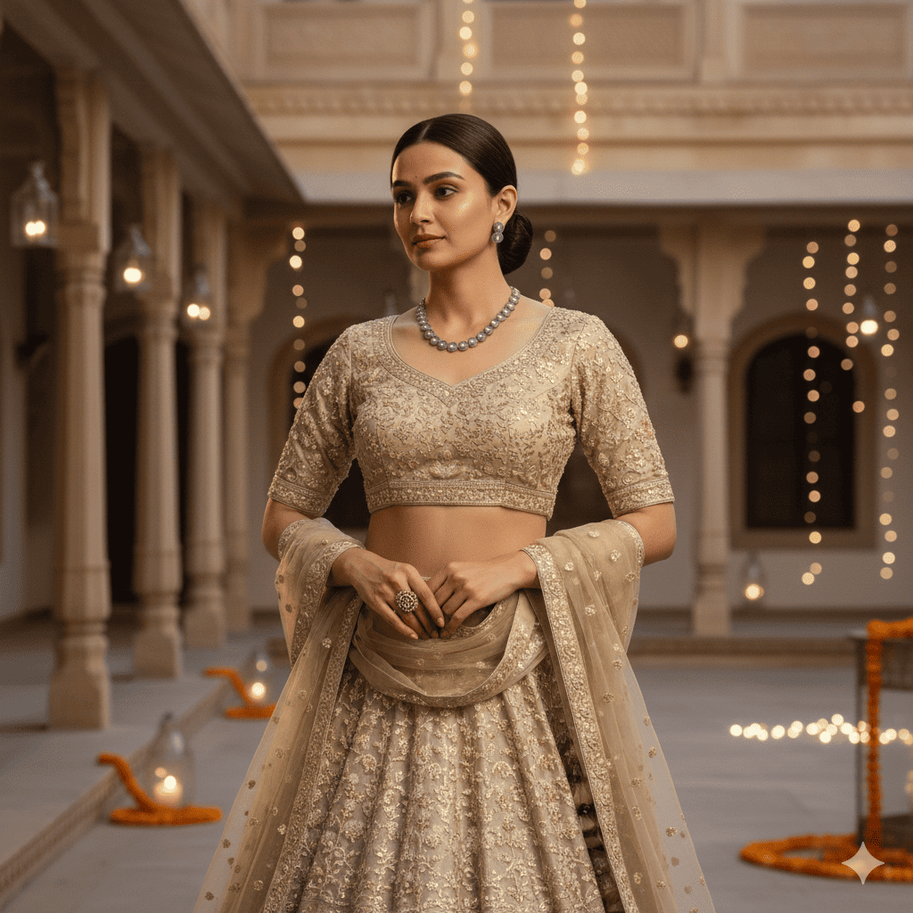 Close up of polki handcrafted necklace and earring set in sterling silver