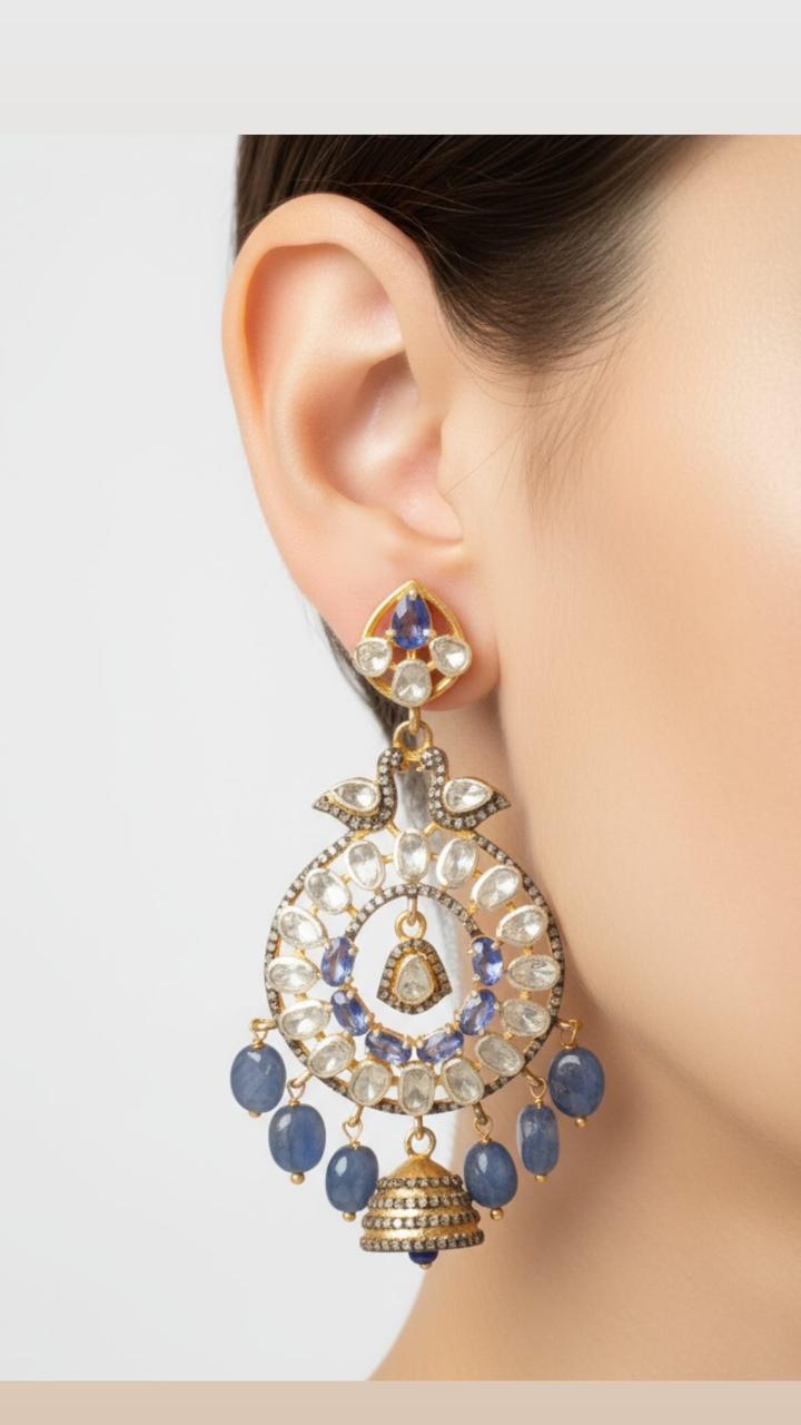Handcrafted Polki Diamond Earrings with Blue Sapphire Beads, Kyanite & Melee Diamonds – Luxury Designer Jewelry