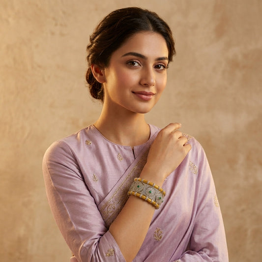 Handcrafted Vintage-Style Sterling Silver Bracelet with Zambian Emeralds & Melee Diamonds – Antique Fabric Base Design Antiqa Handcrafted