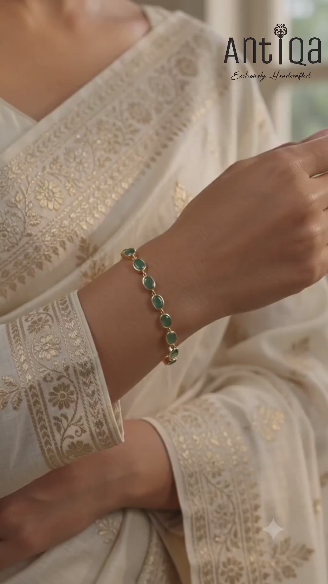 Video of handcrafted emerald bezel bracelet in gold-gilded sterling silver - Antiqa Handcrafted