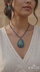 Handcrafted Green Beryl Leaf Carved Pendant & Earrings Set in 925 Sterling Silver with Kyanite & Natural Diamond Accents | Antiqa Handcrafted