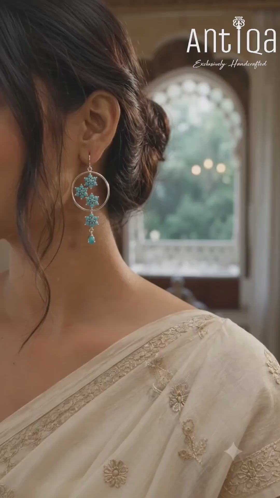 Video of handcrafted Persian turquoise drop earrings in sterling silver - Antiqa Handcrafted jewelry
