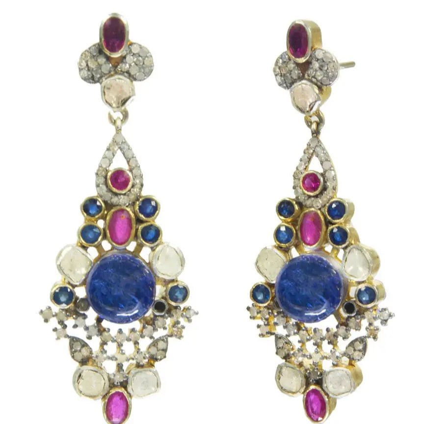 Regal Handmade Earrings with Lapis Lazuli, Ruby & Polki Diamonds