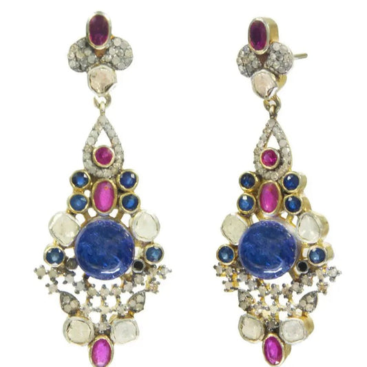 Regal Handmade Earrings with Lapis Lazuli, Ruby & Polki Diamonds - Antiqa Handcrafted