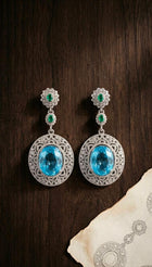 Blue Topaz and Zambian Emerald Earrings with Diamond Sieve Halo