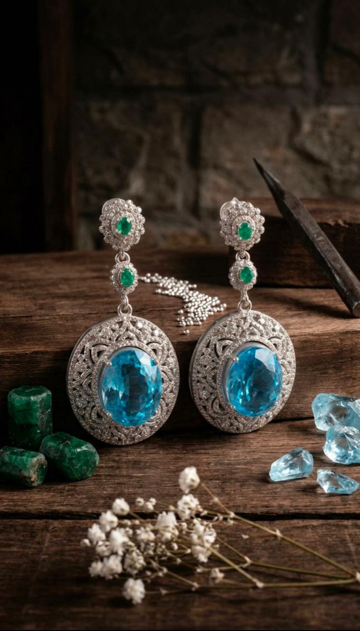 Blue Topaz and Zambian Emerald Earrings with Diamond Sieve Halo