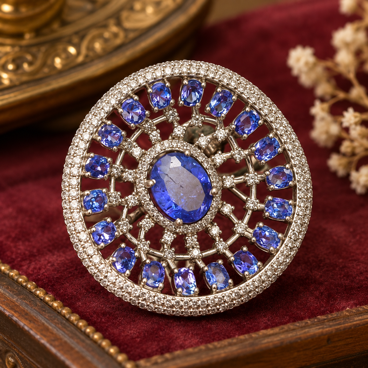Saucer Shaped Tanzanite Statement Ring with Diamonds