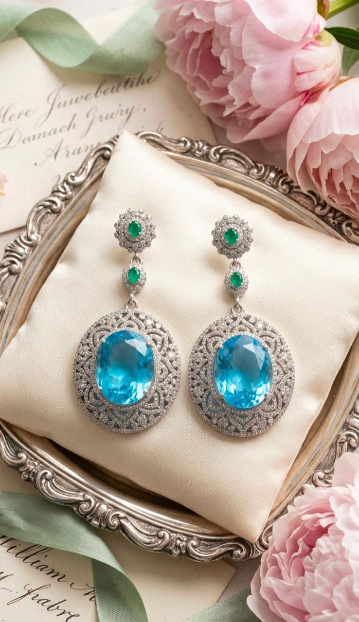 Blue Topaz and Zambian Emerald Earrings with Diamond Sieve Halo