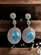 Blue Topaz and Zambian Emerald Earrings with Diamond Sieve Halo