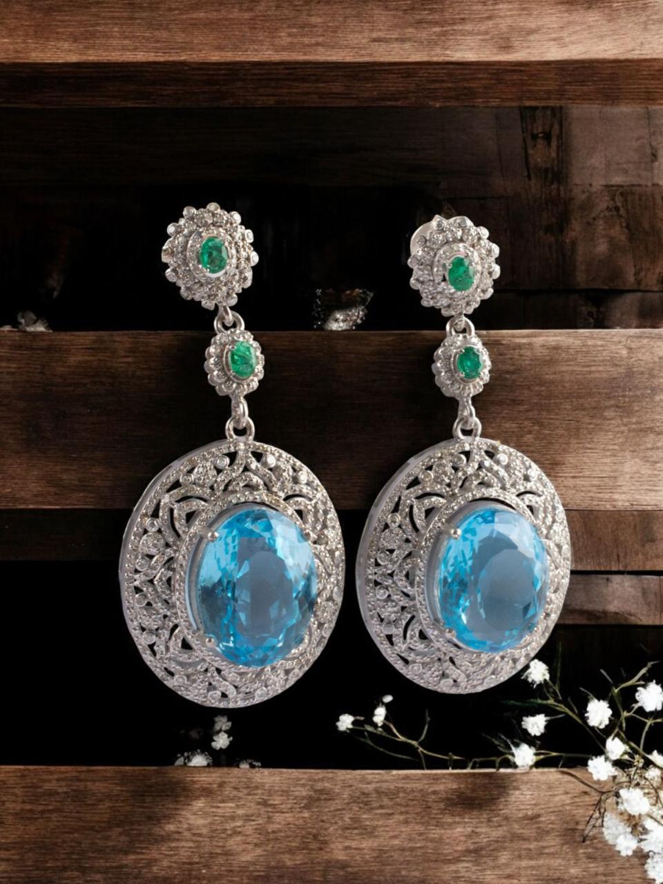 Blue Topaz and Zambian Emerald Earrings with Diamond Sieve Halo