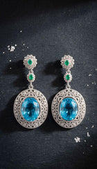 Blue Topaz and Zambian Emerald Earrings with Diamond Sieve Halo