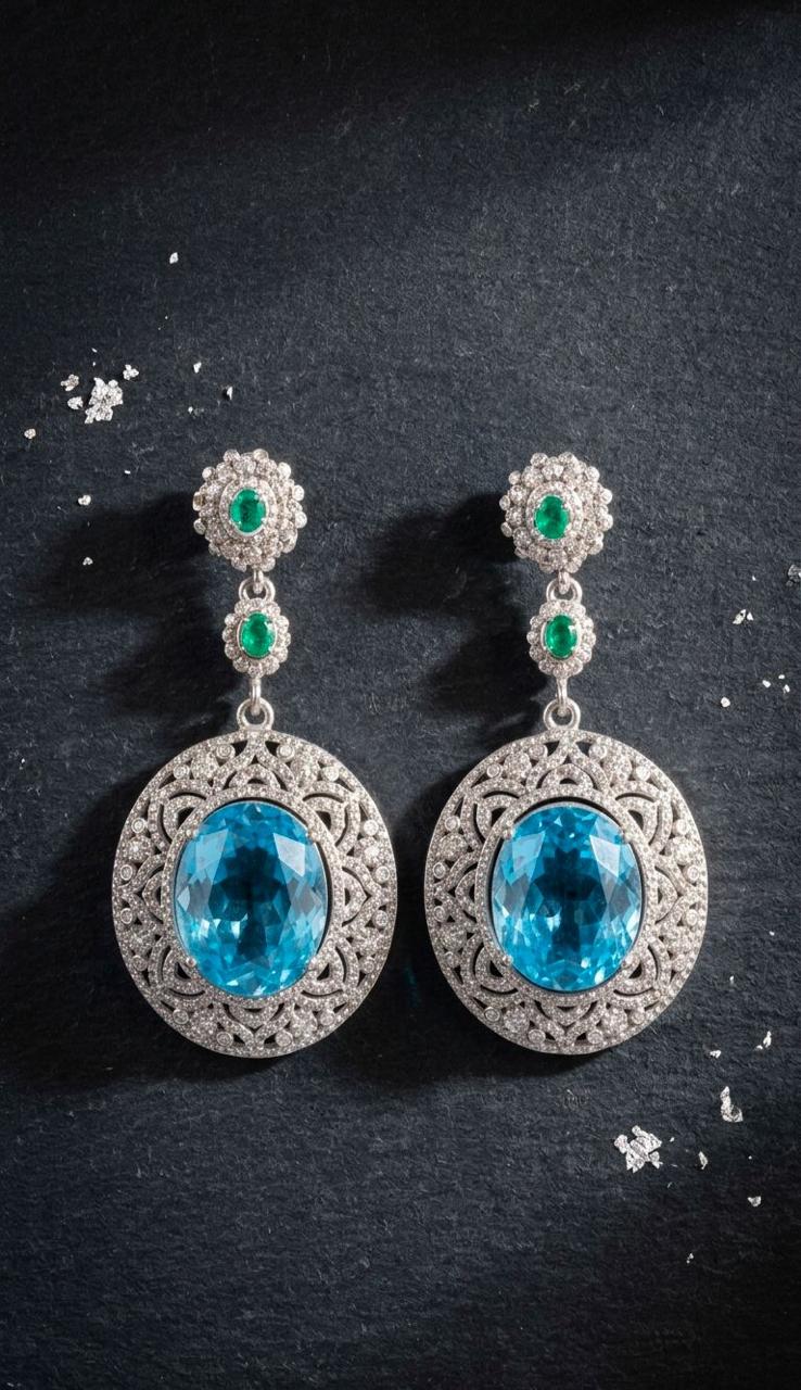 Blue Topaz and Zambian Emerald Earrings with Diamond Sieve Halo