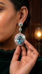 Blue Topaz and Zambian Emerald Earrings with Diamond Sieve Halo