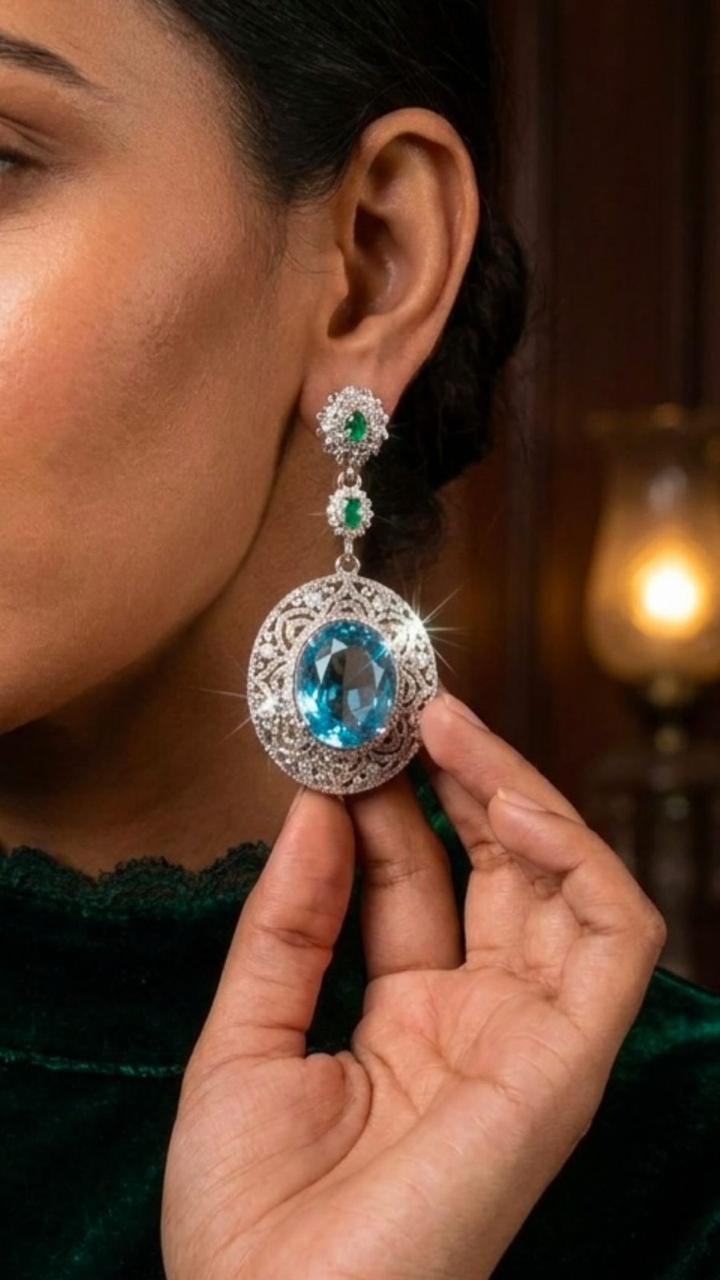 Blue Topaz and Zambian Emerald Earrings with Diamond Sieve Halo