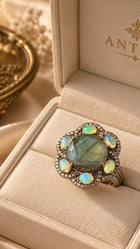 Round Labradorite Statement Ring with Ethiopian Opals and Diamonds