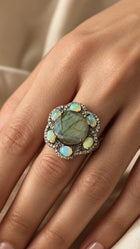 Round Labradorite Statement Ring with Ethiopian Opals and Diamonds