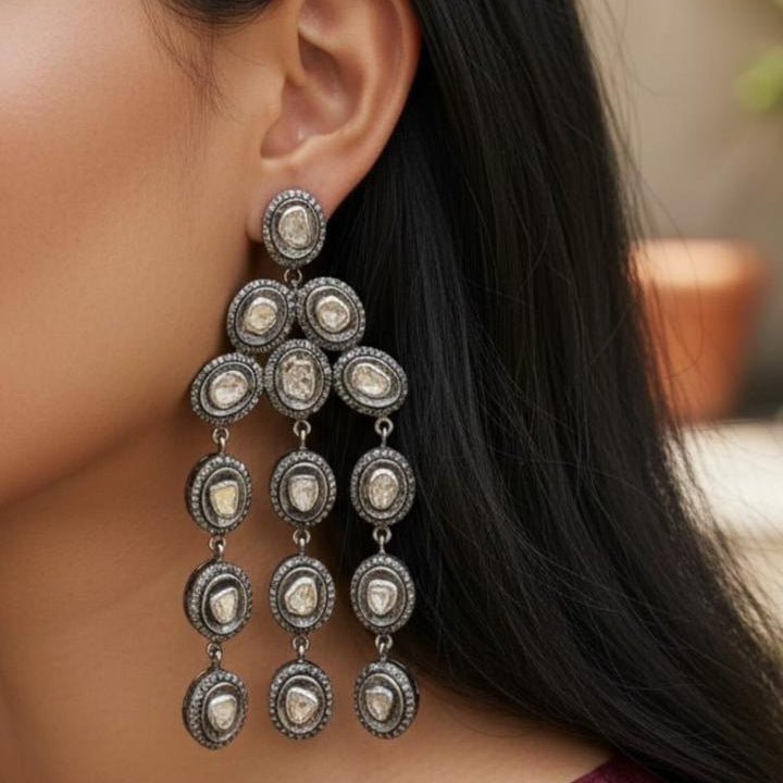 Royal Mughal Victorian Polki Diamond Ear Danglers | Handcrafted 925 Sterling Silver | 6ct Natural Diamonds