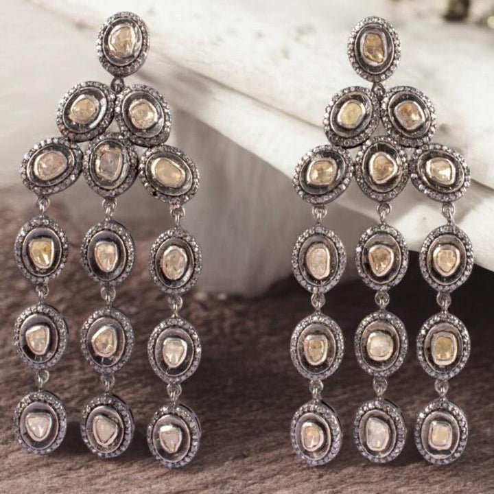 Royal Mughal Victorian Polki Diamond Ear Danglers | Handcrafted 925 Sterling Silver | 6ct Natural Diamonds