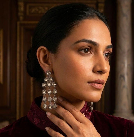 Royal Mughal Victorian Polki Diamond Ear Danglers | Handcrafted 925 Sterling Silver | 6ct Natural Diamonds - Antiqa Handcrafted