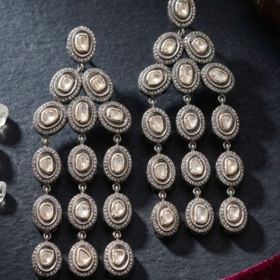 Royal Mughal Victorian Polki Diamond Ear Danglers | Handcrafted 925 Sterling Silver | 6ct Natural Diamonds