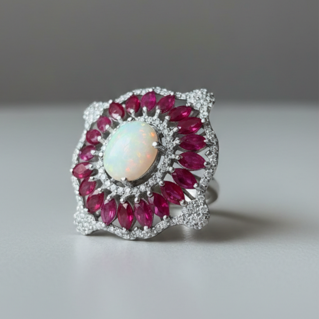 Artisan made opal diamond ring in sterling silver