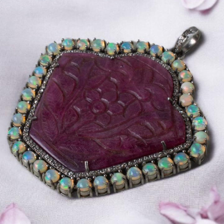 Handcrafted Carved Thai Ruby Pendant with Opal Halo & Melee Diamonds