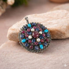 Handcrafted Vintage Sterling Silver Pendant with Ruby, Pearls, Blue Sapphire and Turquoise