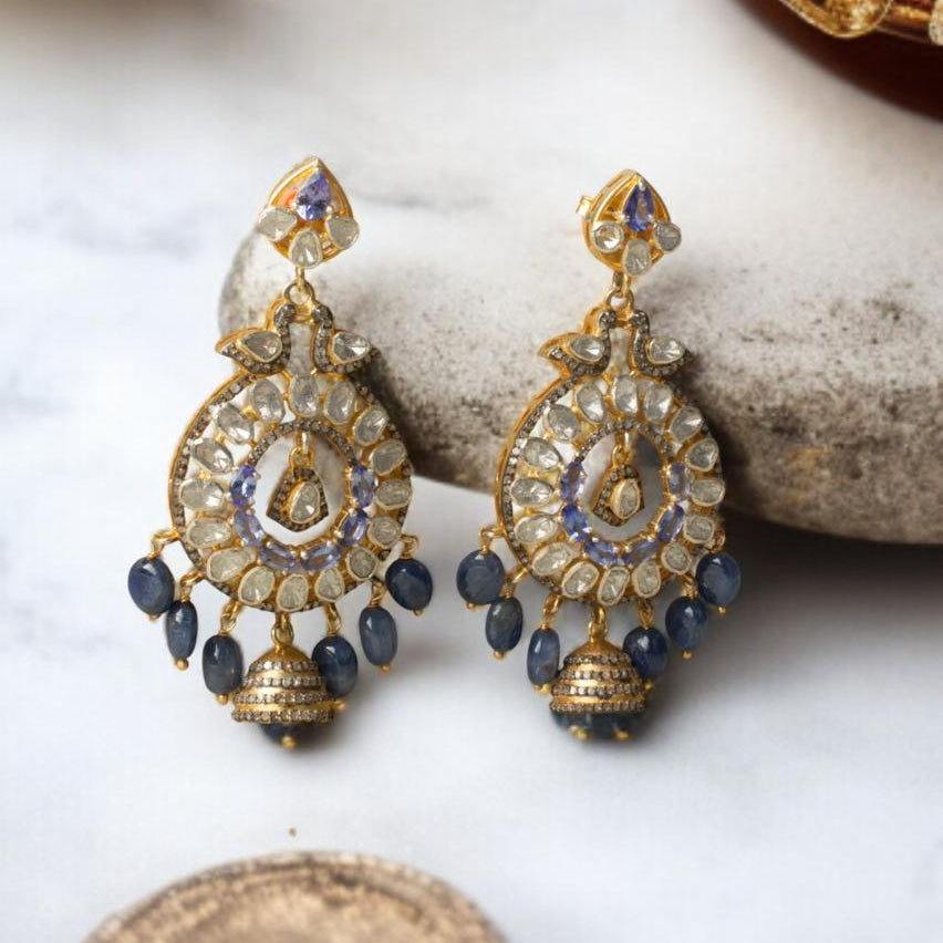 Handcrafted Polki Diamond Earrings with Blue Sapphire Beads, Kyanite & Melee Diamonds – Luxury Designer Jewelry