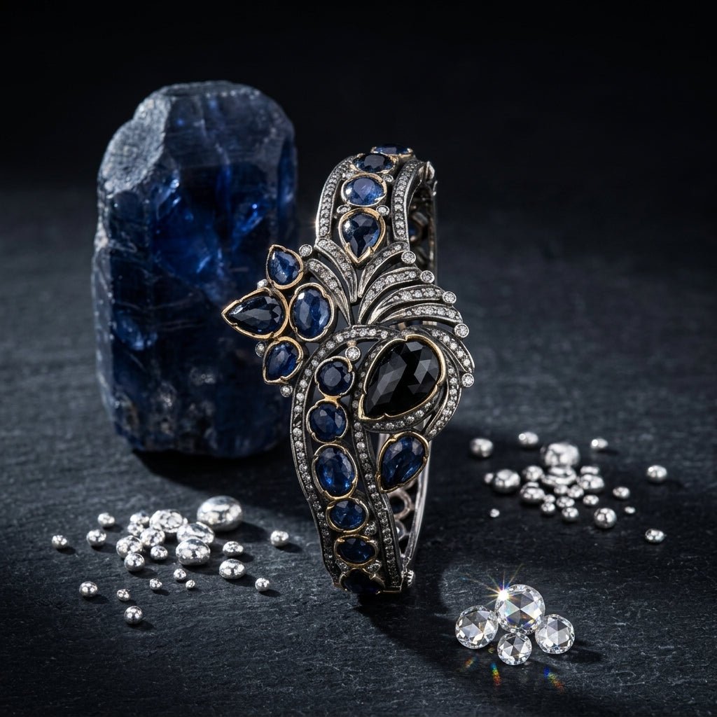 Sterling Silver Bangle with Thailand Sapphires & Diamonds