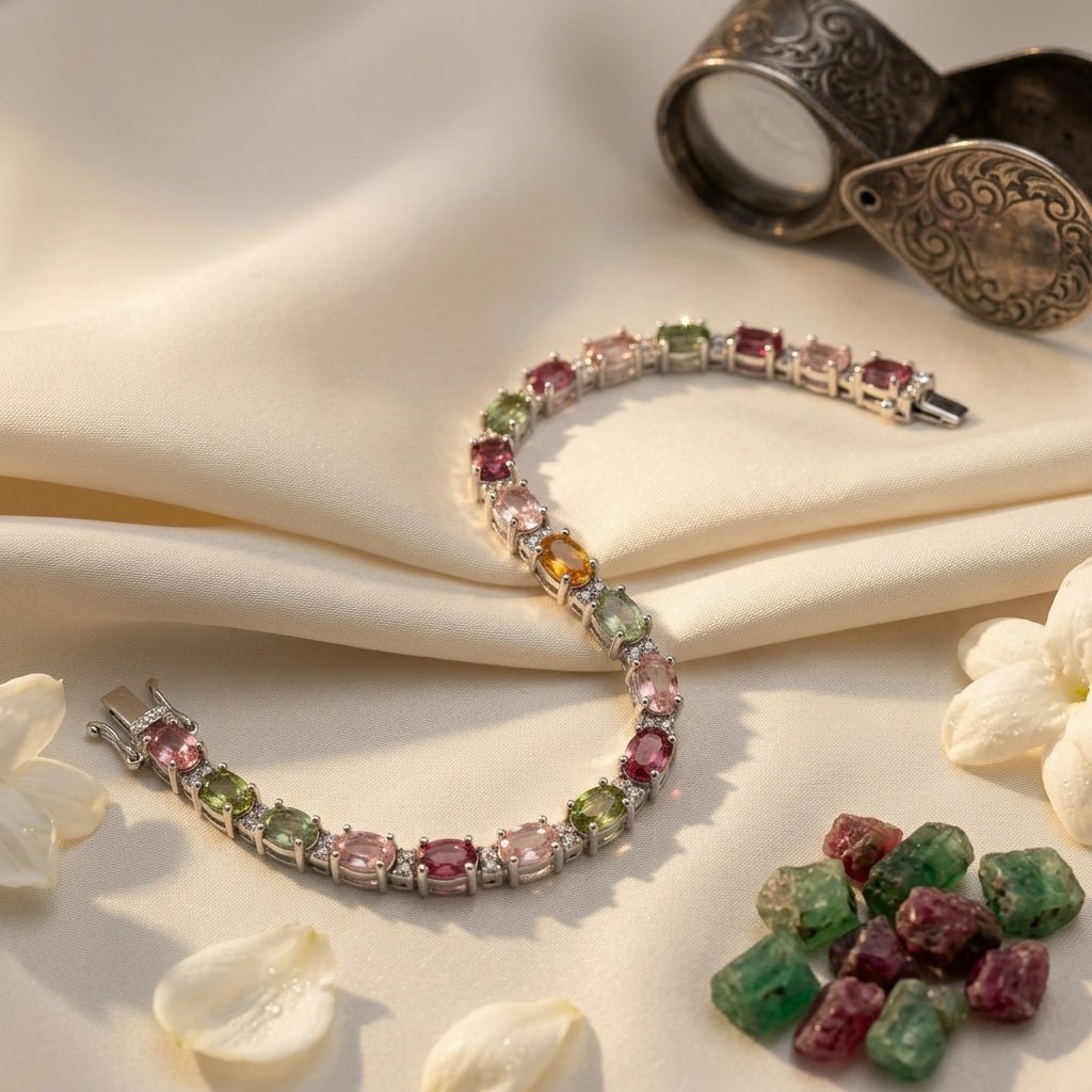 Sterling Silver Bracelet with Multi-Color Tourmaline & Diamonds – 13.5g | 13ct Tourmaline