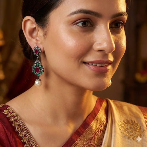 Antique style gemstone earrings with pearls and diamonds