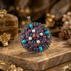 Handcrafted Vintage Sterling Silver Pendant with Ruby, Pearls, Blue Sapphire and Turquoise