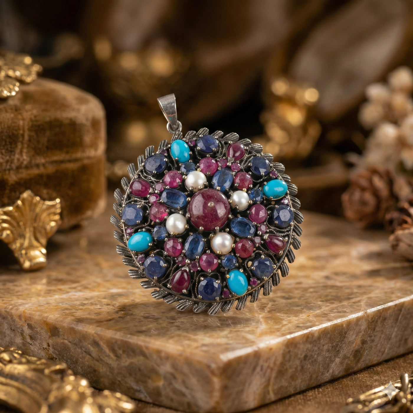 Handcrafted Vintage Sterling Silver Pendant with Ruby, Pearls, Blue Sapphire and Turquoise