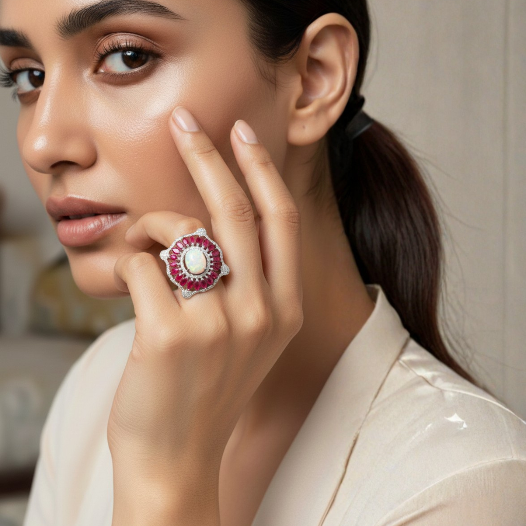 Handcrafted Sterling Silver Opal Ring with Melee Diamonds & Ruby Accents