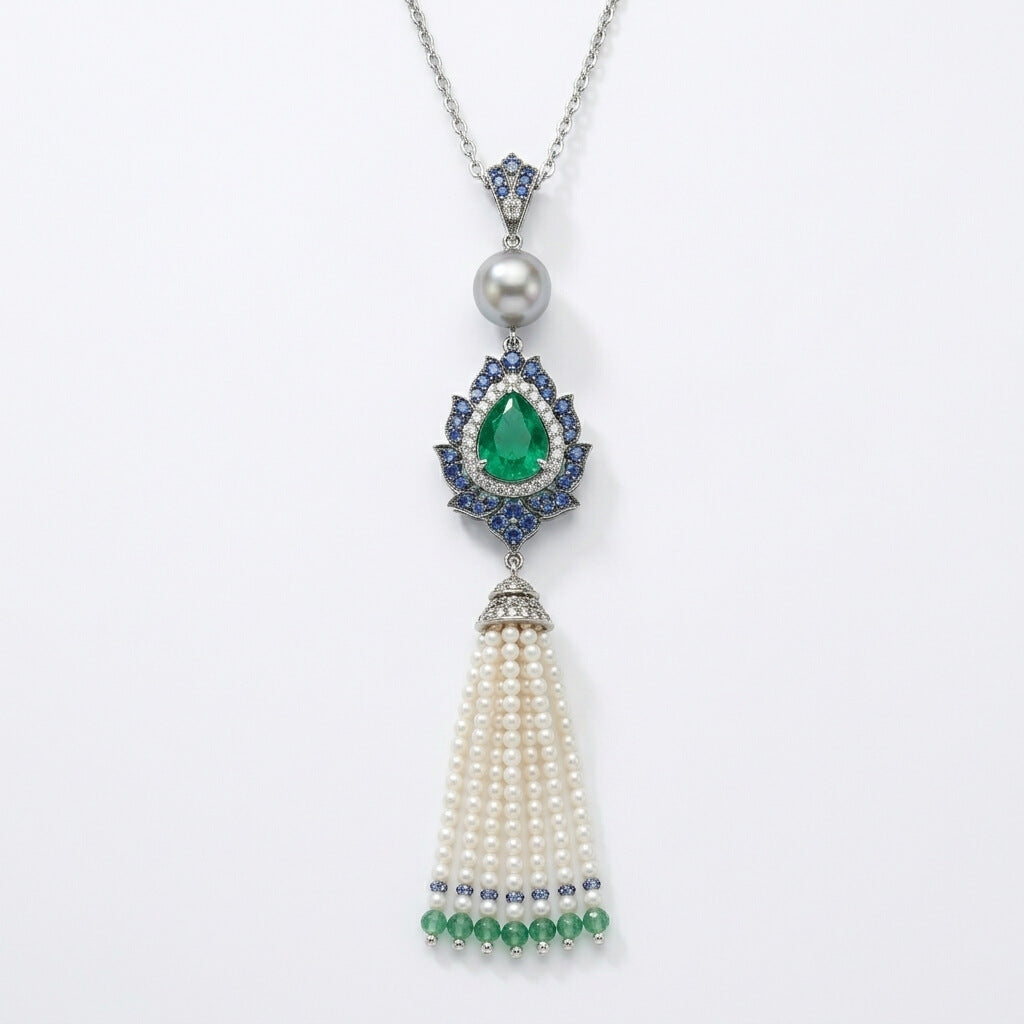Handcrafted Emerald & Blue Sapphire Tassel Pendant – Sterling Silver & Pearl Accents