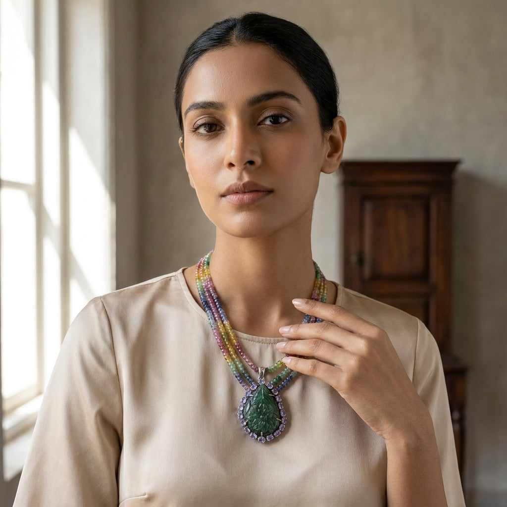 Handcrafted Mughal Style Carved Emerald, Tanzanite & Diamond Pendant