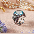The Duchess – Vintage Style Blue Topaz Ring with Rubies, Melee Diamonds & Black Enamel in Handcrafted Sterling Silver