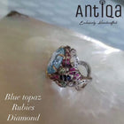 The Duchess – Vintage Style Blue Topaz Ring with Rubies, Melee Diamonds & Black Enamel in Handcrafted Sterling Silver