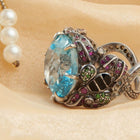 The Duchess – Vintage Style Blue Topaz Ring with Rubies, Melee Diamonds & Black Enamel in Handcrafted Sterling Silver