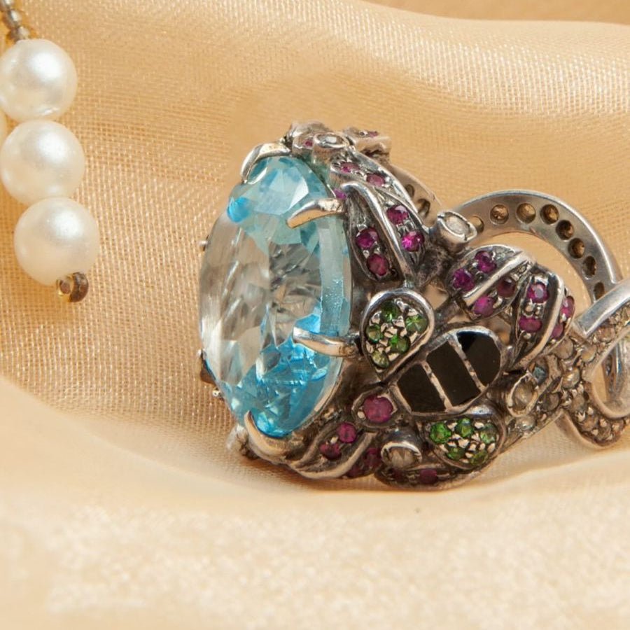 The Duchess – Vintage Style Blue Topaz Ring with Rubies, Melee Diamonds & Black Enamel in Handcrafted Sterling Silver