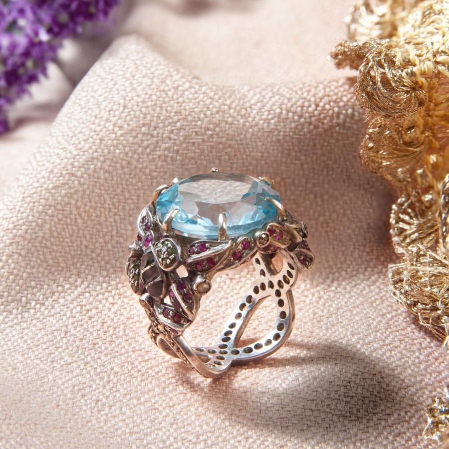 The Duchess – Vintage Style Blue Topaz Ring with Rubies, Melee Diamonds & Black Enamel in Handcrafted Sterling Silver