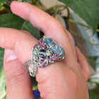 The Duchess – Vintage Style Blue Topaz Ring with Rubies, Melee Diamonds & Black Enamel in Handcrafted Sterling Silver