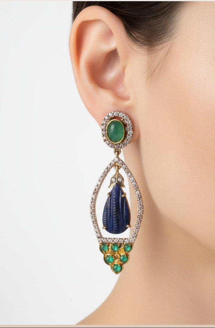 Modern Designer Earrings in Sterling Silver with Blue Sapphire, Emerald & Diamond – Handcrafted Luxury Jewelry