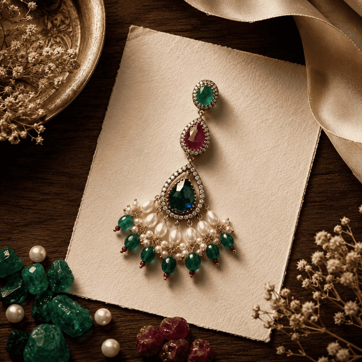 Victorian Blue Sapphire & Emerald Sterling Silver Pendant Necklace