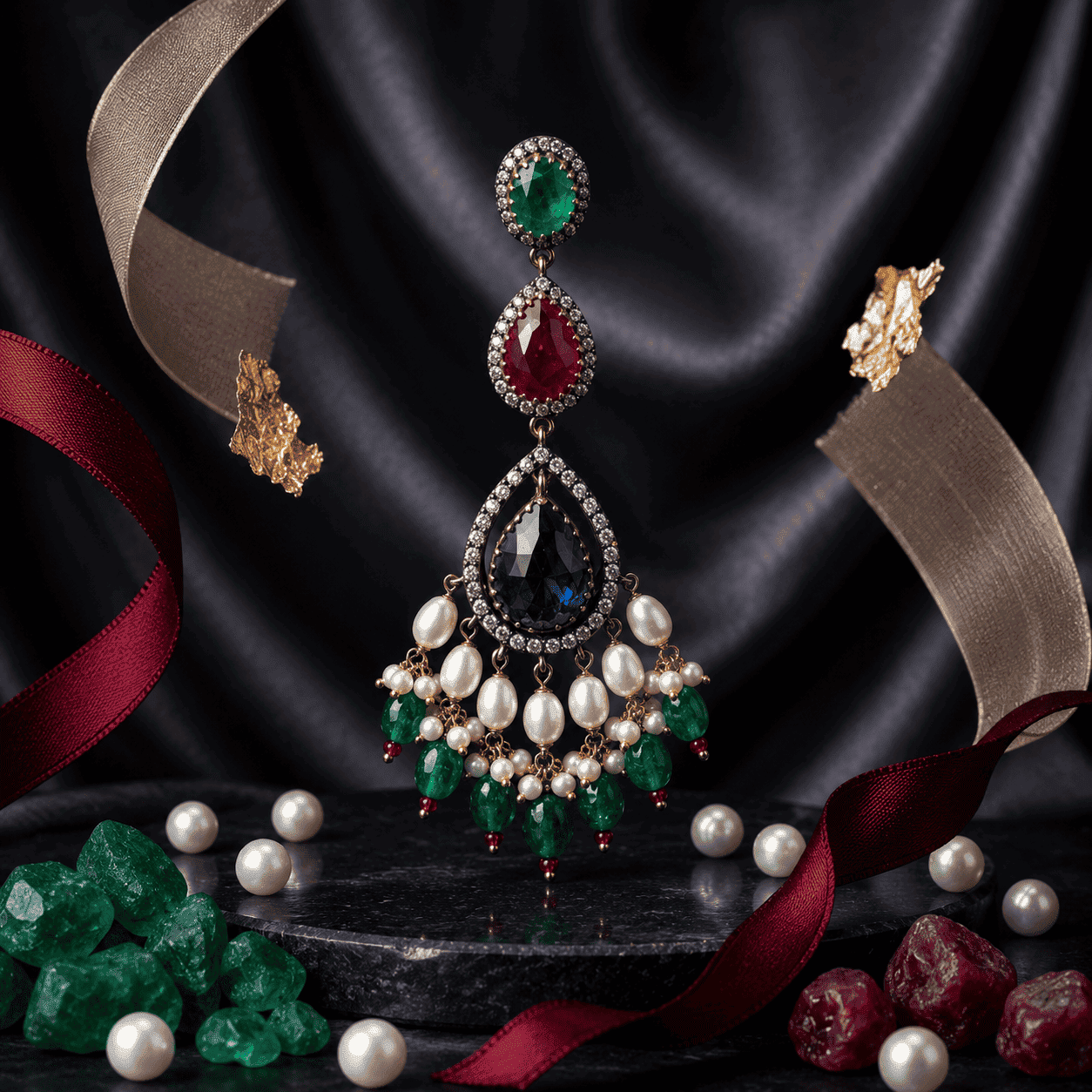 Victorian Blue Sapphire & Emerald Sterling Silver Pendant Necklace
