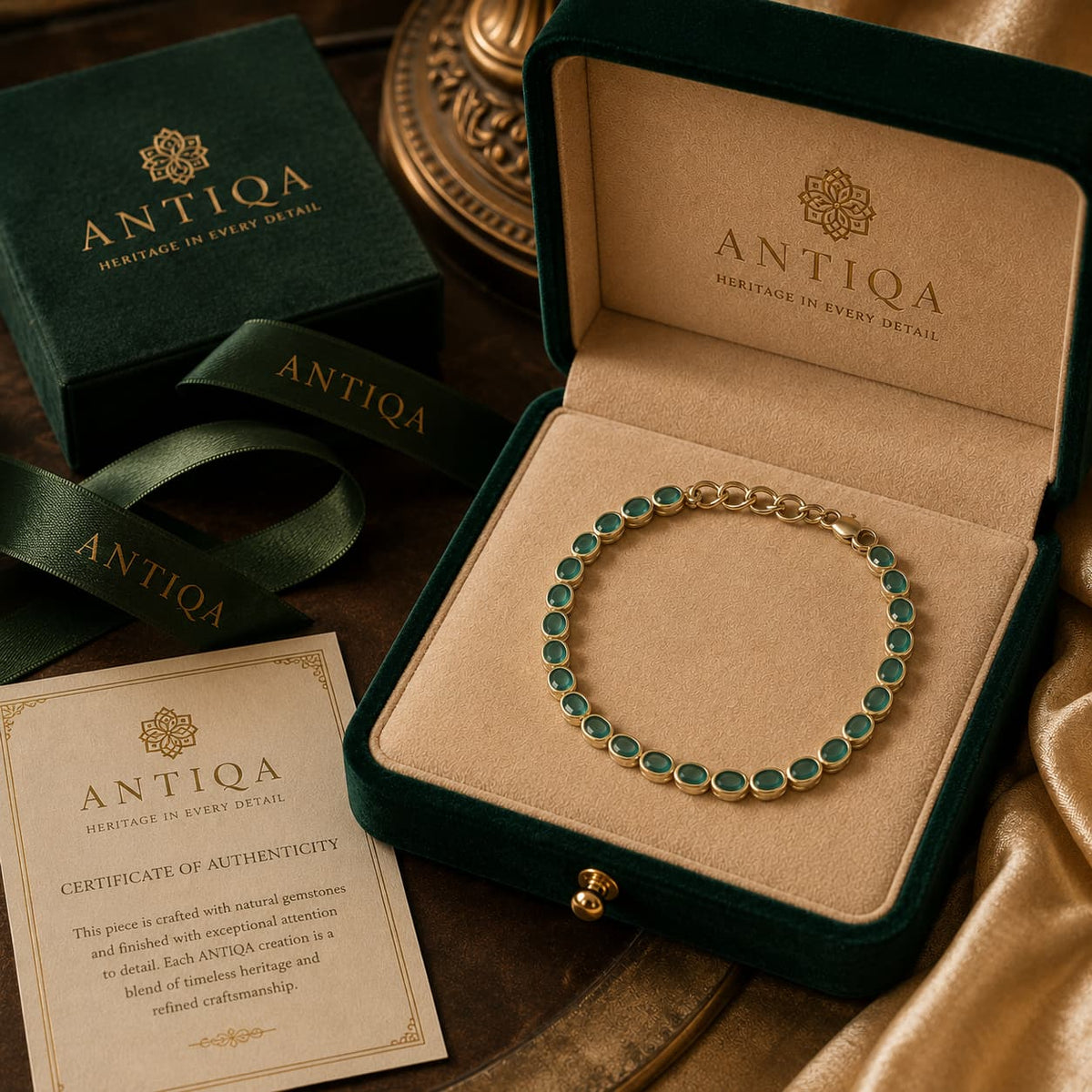 Victorian Emerald Bezel Bracelet in Gold-Gilded Silver