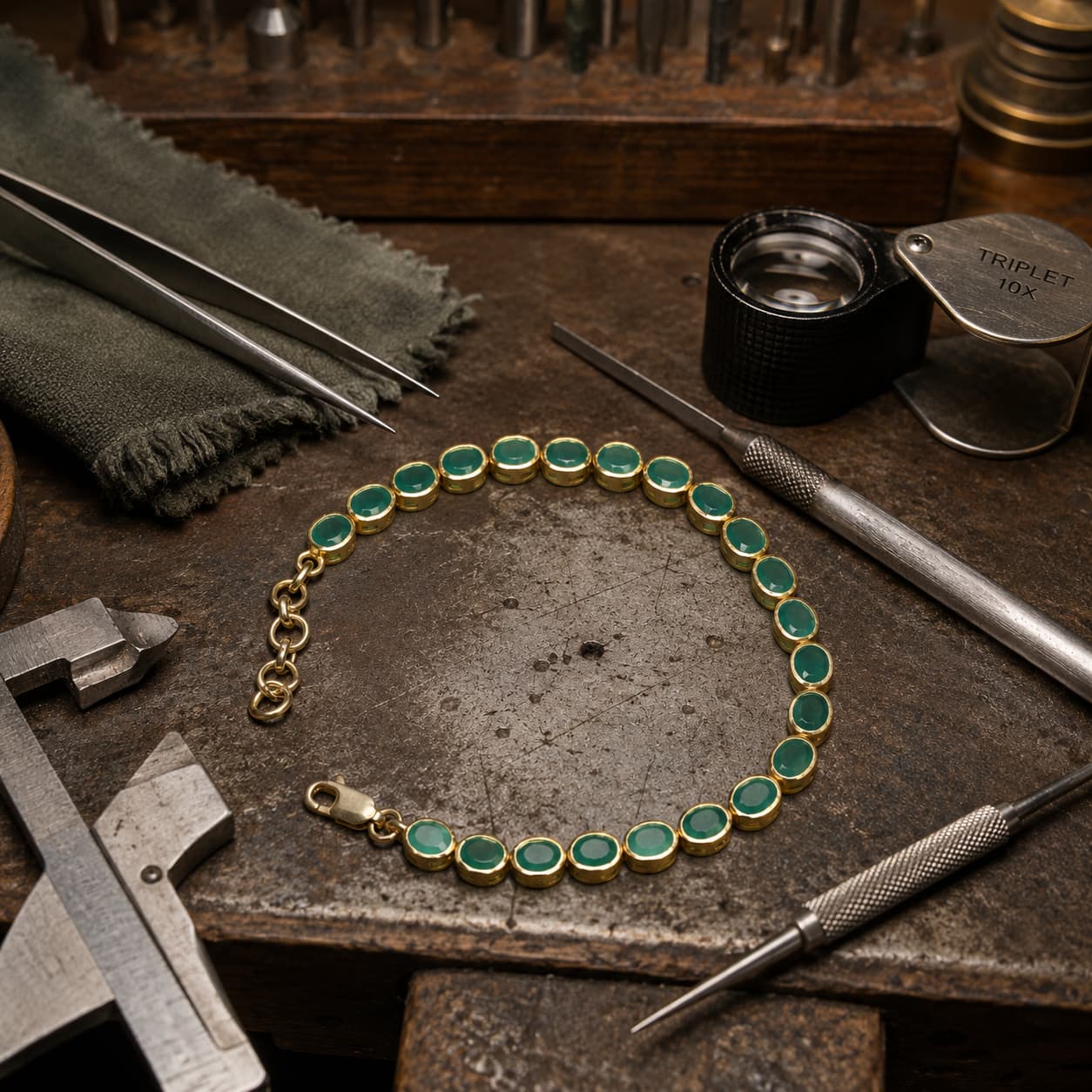 Victorian Emerald Bezel Bracelet in Gold-Gilded Silver