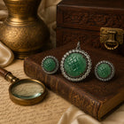 Victorian Green Beryl Pendant & Earrings Set with Rainbow Moonstone & Diamond