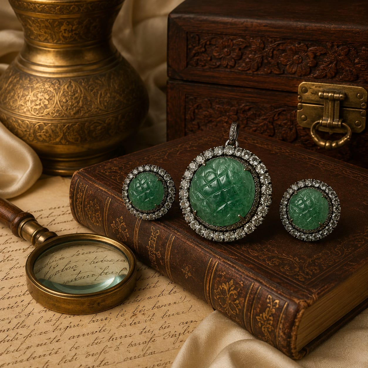 Victorian Green Beryl Pendant & Earrings Set with Rainbow Moonstone & Diamond